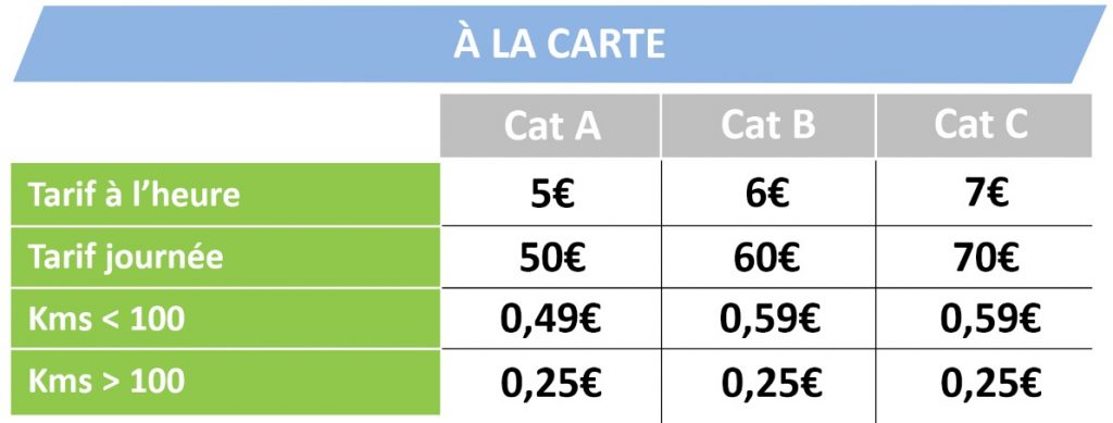 Tarifs à la carte