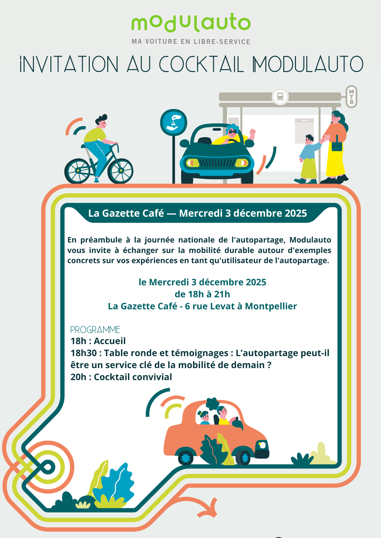 Soirée Autopartage Occitanie – Mercredi 3 décembre 2025, 18h-21h, La Gazette Café, Montpellier. Programme : accueil, table ronde sur la mobilité durable et cocktail convivial.